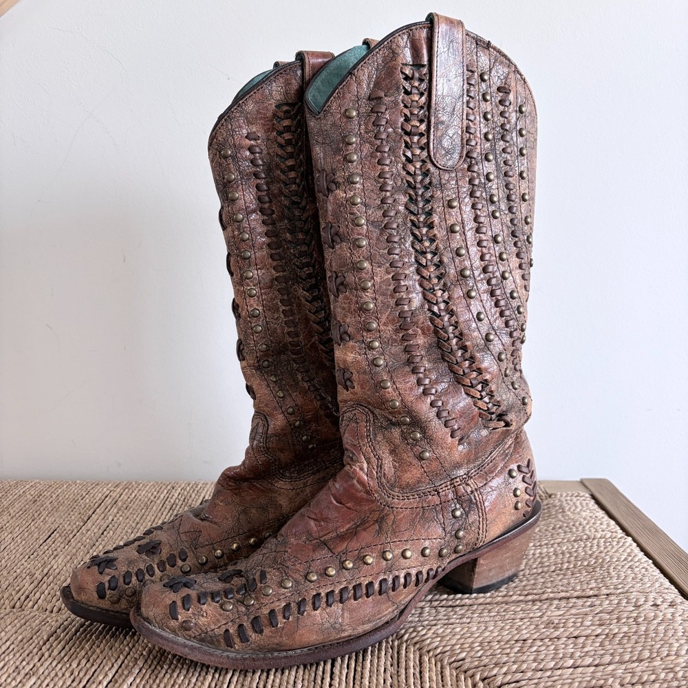 Corral Women's Studded Brown C3004 Braided Western Leather Cowboy Boots Sz 9 M